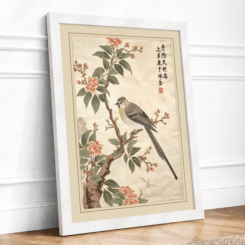 Bird Among Blossoms Japandi - Framed Print, A1 - 84.1 x 59.4 cm, White