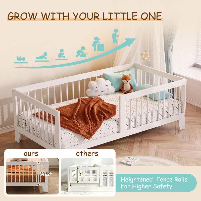 Lit simple au sol en bois massif blanc avec garde-corps - structure de lit pour enfants style Montessori