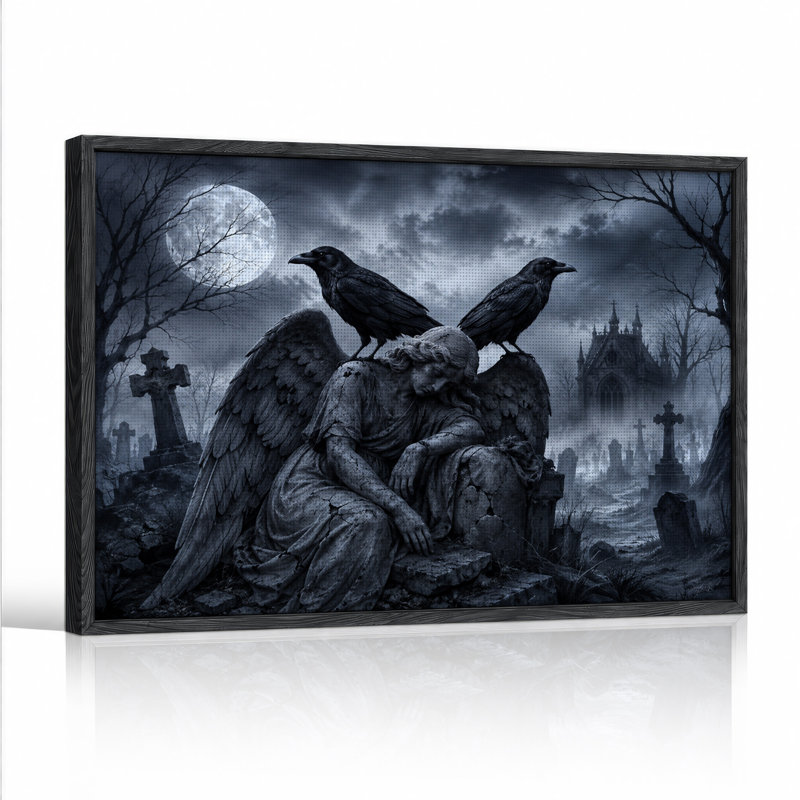 Statue d'ange en pierre avec des corbeaux noirs sous une lune claire, tableau mural d'Halloween sur toile, H 18 po x l 24 po