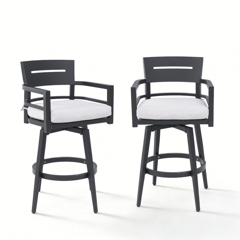 Tabourets de bar d'extérieur pivotants en aluminium avec coussins Sunbrella, Lin sésame