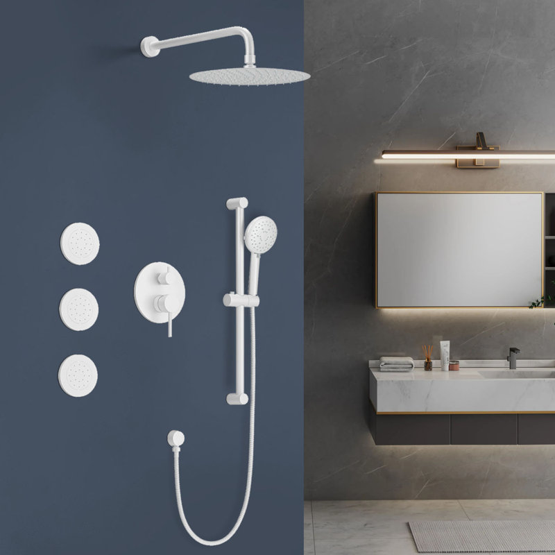 1 jet 11,8 po Pomme de douche murale fixe et fixe 2,5 GPM avec barre coulissante, jets pour le corps en blanc