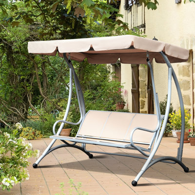 Balancelle de jardin 3 places avec pare-soleil réglable, beige - Décoration de jardin, 3 auvents et siège respirant pour terrasse.
