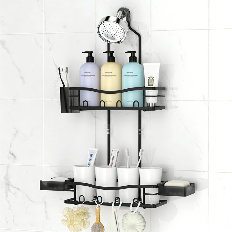 Hanging Over-The-Showerhead Caddy, Rustproof Anti-Swing Organizer With Soap Holder And Hooks