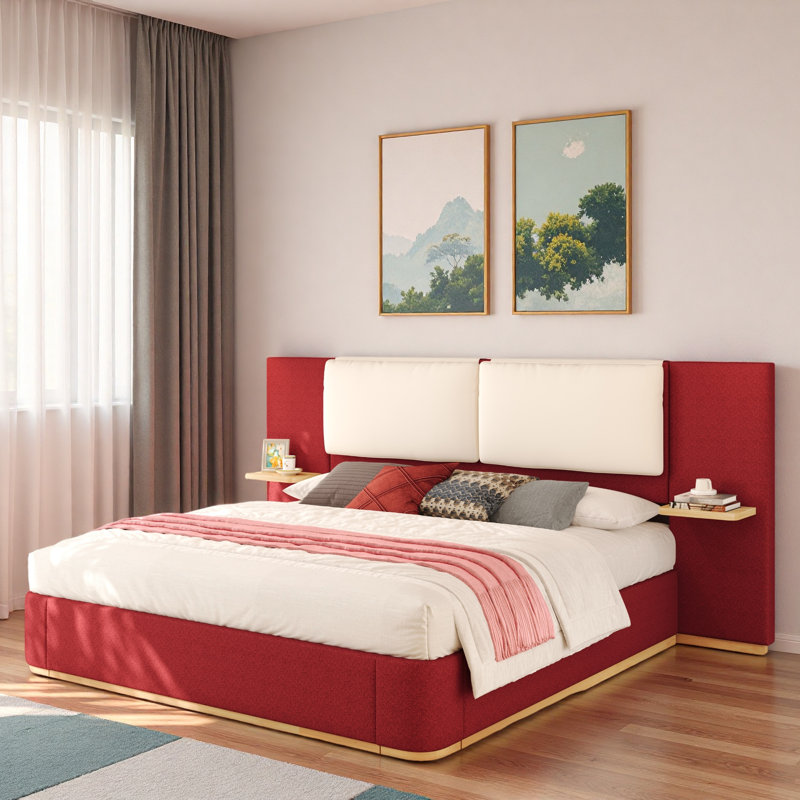 Lit plateforme tapissier avec tablettes, Grand lit, Rouge / Blanc