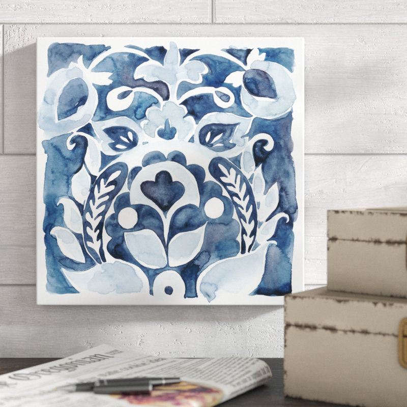 «Indigo Ornament II», peinture sur toile tendue, H 12 po x l 12 po