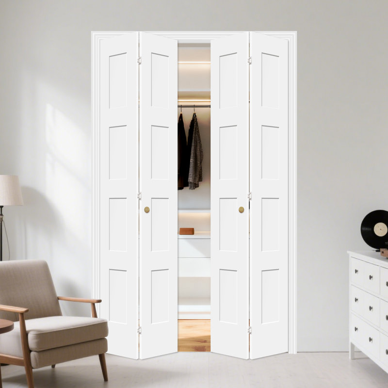 Porte pliante en bois manufacturé blanc à 4 panneaux avec base en bois massif apprêté blanc avec trousse de quincaillerie d'installation