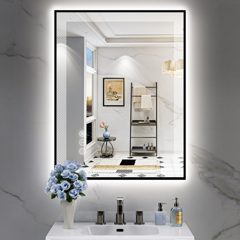 Miroir de salle de bain à cadre noir à DEL avec éclairage avant et rétroéclairé, miroir de meuble-lavabo éclairé pour le mur, double éclairage 3 couleurs à intensité variable, antibuée, verre trempé incassable (horizontal / vertical)