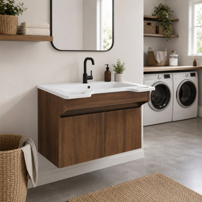 Meuble-lavabo simple 24 po avec lavabo en résine et poignées latérales ADA, noyer