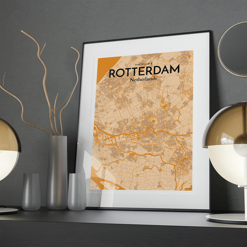 «Rotterdam City Map», impression, H 27,6 po x l 19,7 po, Orange / or pâle