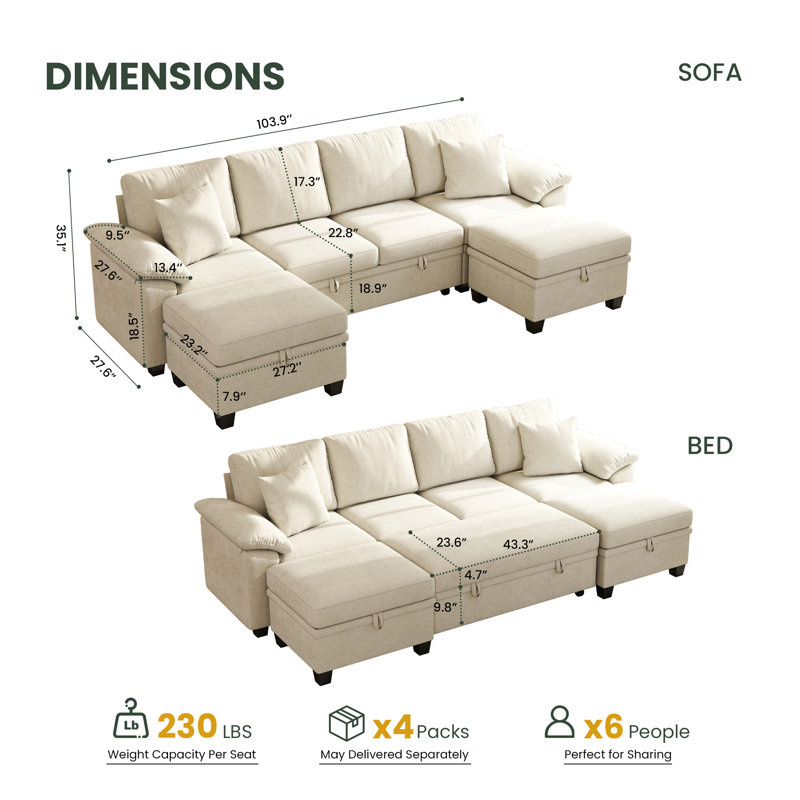 Canapé-lit modulaire convertible de 107 po avec rangement dissimulé et accoudoirs rembourrés ergonomiques, Beige Chenille