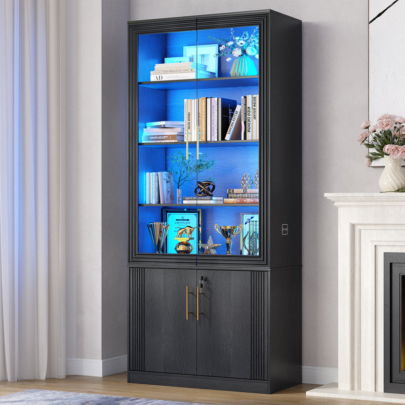 Modern Tall Display Cabinet With Tempered Glass Doors, Three-color Led Lighting & Human Body Motion Sensor - Filing/office Storage Cabinet