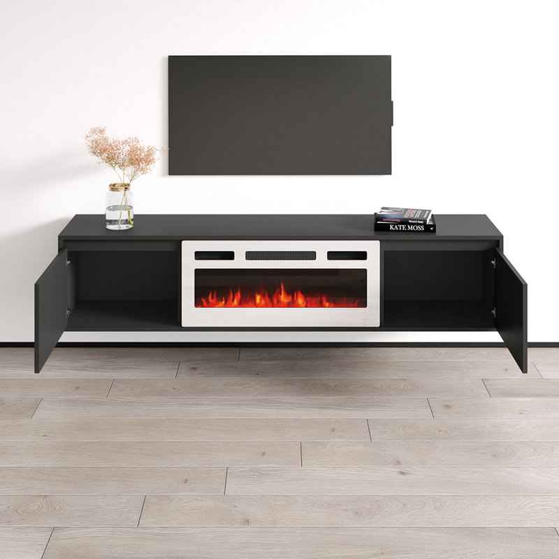 Galin 70.9" Modern TV Stand with Electric Fireplace, High Gloss Finish, Wall-Mounted, Black