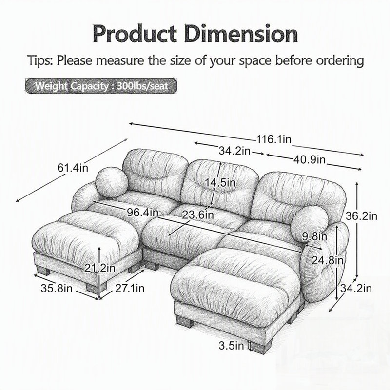 Canapé modulaire confortable en tissu de chenille plissé 3 places avec mousse ergonomique haute densité, canapé modulaire en forme de U avec 2 repose-pieds et accoudoirs ronds