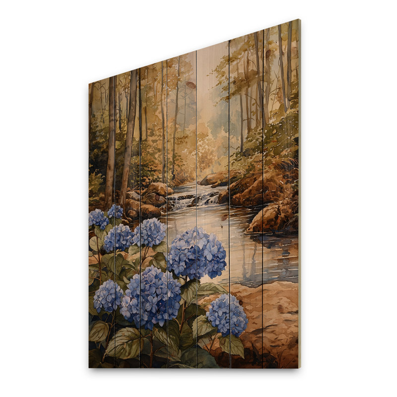 Hydrangées par la rivière Forest III - décoration murale en bois d'hortensias - sur bois de pin naturel
