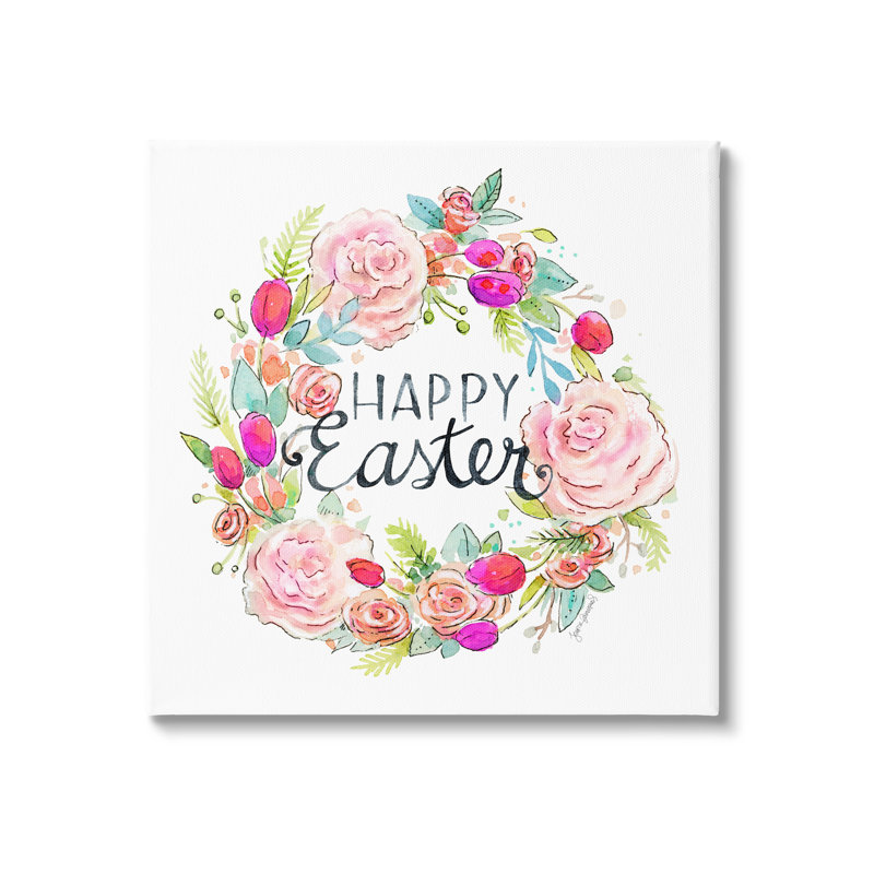 Joyeuses Pâques, vive la fleur rose, bordure florale encadrée noire, art texturé par Jennifer Wambach, Toile tendue