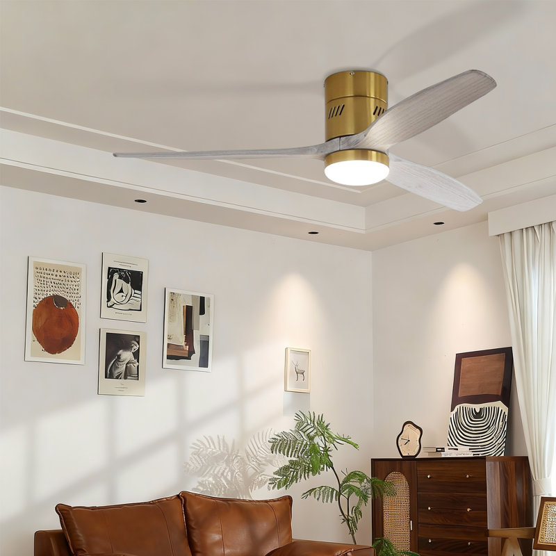 Ryme 52 In. Gold White Flush Mount Standard Ceiling Fan With Integrated LED With Remote Included DC Motor Reversible, Gold