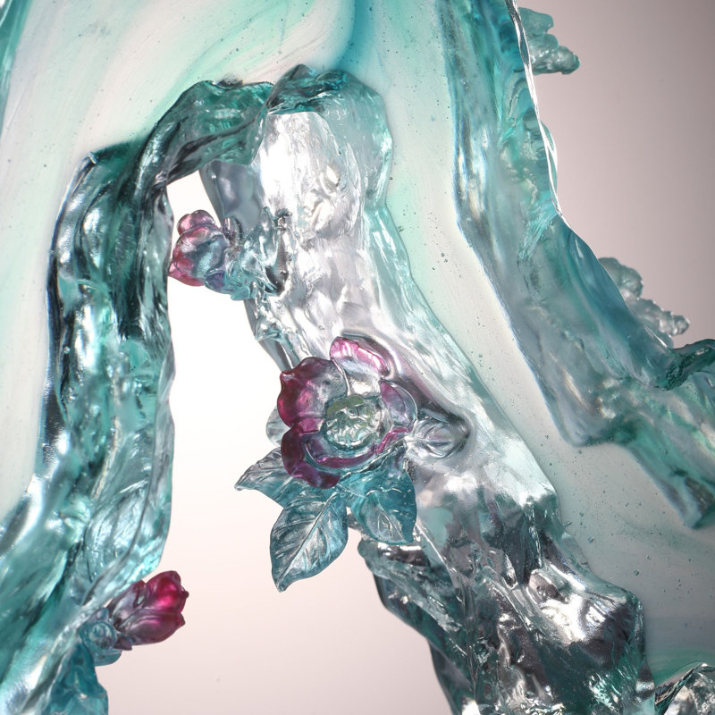 LIULI Crystal, Mountain and Pine Sculpture, Camellia, Tai Chi Series | Evergreen Mountain Spirit