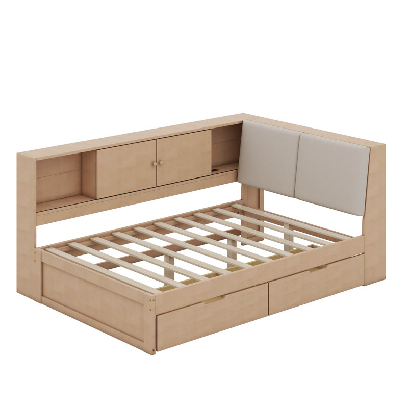 Full Size Corner Bed Frame With Storage Bookcase And Upholstered Headboard, Charging Station And Drawers, Natural, Full