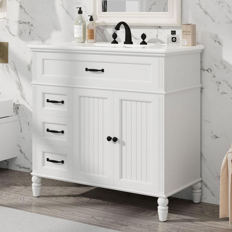 Meuble-lavabo avec lavabo et armoire avec tiroirs, Blanc