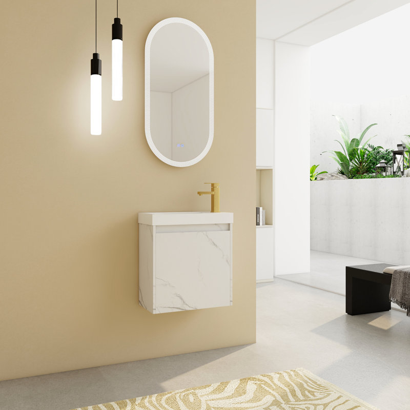 Armoire de salle de bain avec lavabo en résine et porte silencieuse à fermeture silencieuse - unité fonctionnelle à fixation murale