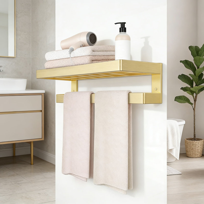 Porte-serviettes double avec barre à serviettes, quincaillerie de salle de bain en acier inoxydable doré brossé de 23,6 po et accessoires pour le rangement de salle de bain moderne