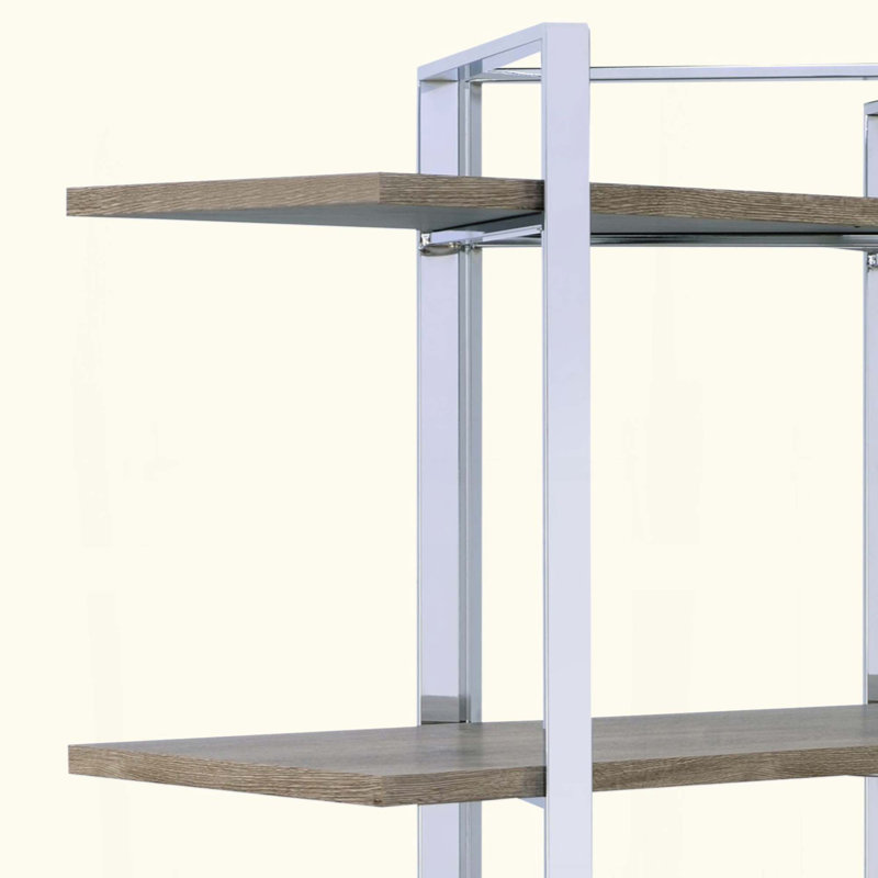 Étagère haute autoportante rectangulaire, 4 tablettes fixes en bois, base en métal chromé, dos ouvert