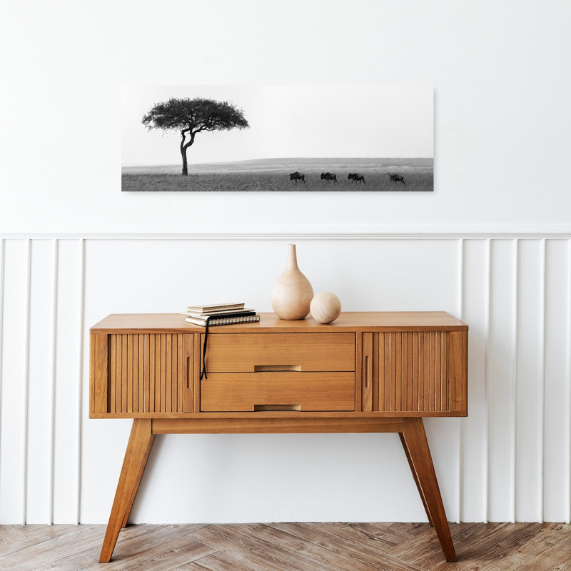 Art africain de paysage animalier serein tranquille, 12" H x 36" W