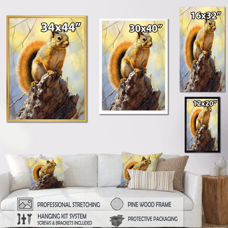 Écureuil vif sur toile, H 20 po x l 12 po x P 1 po, Toile tendue