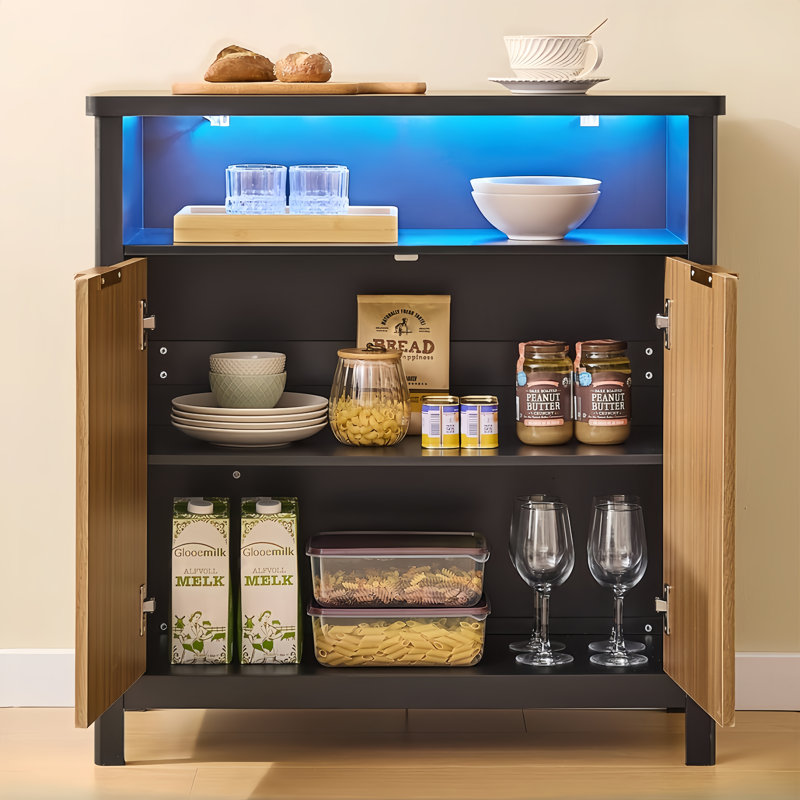 Sideboard 31.3'' Narrow Buffet Cabinet with Storage Cube LED Light Ultra-Modern Black Medium Wood Tone Kitchen Dining Room