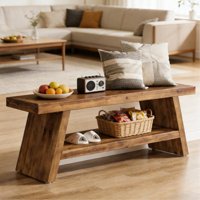 Banc de lit rectangulaire à 2 niveaux, en bois massif, couleur brun rustique, conception de rangement ouvert, polyvalent pour le couloir, la chambre à coucher ou comme siège supplémentaire, banc à rangement rapide de 17,84 po de hauteur, brun, idéal