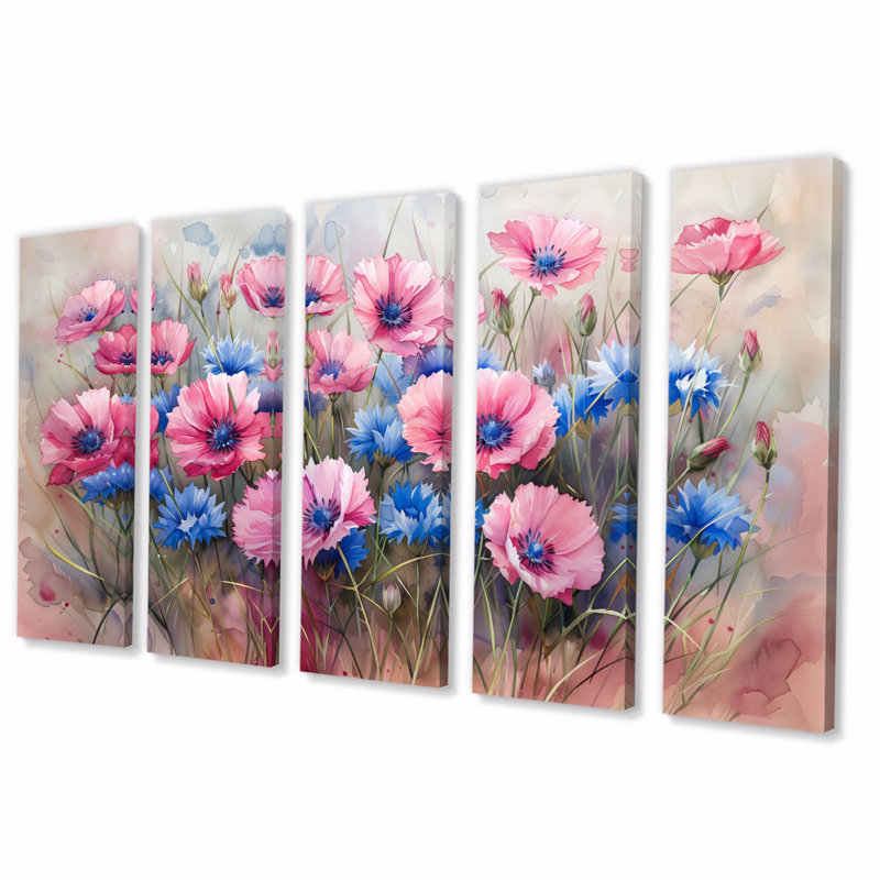 Rose, bleu, bleuet délicat, pétales de bleuet I, ensemble d'art mural, H 32 po x l 80 po
