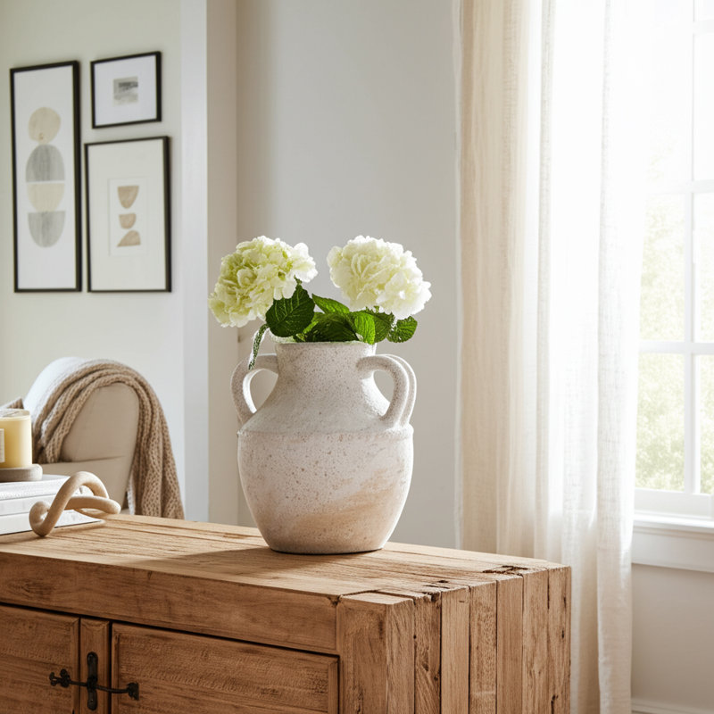 Vase décoratif en terre cuite avec motif texturé rustique et poignées doubles, décor contemporain élégant pour les espaces modernes