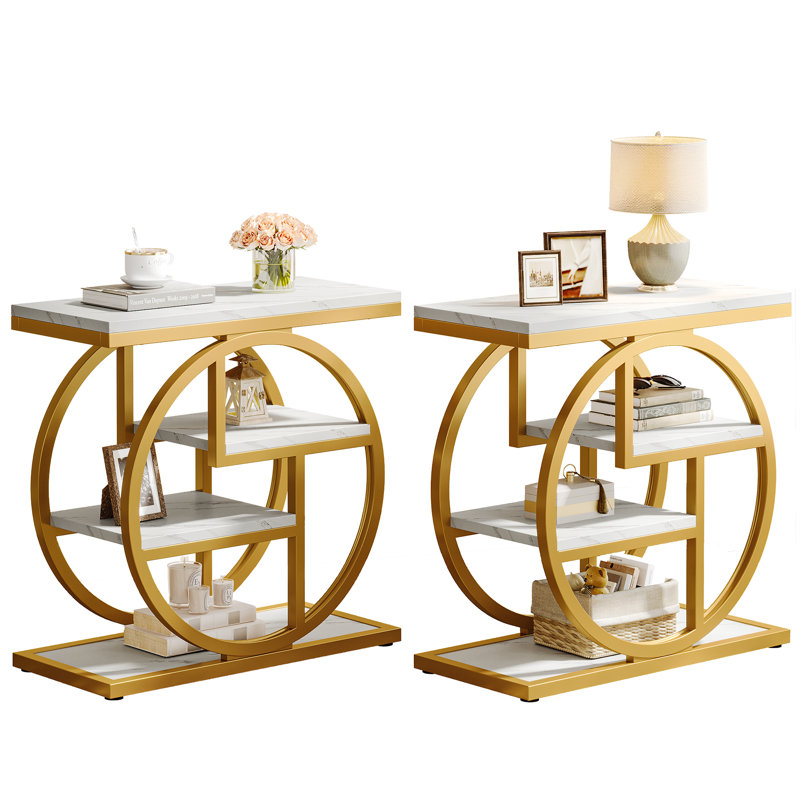Table de bout à 4 niveaux en bois et métal (ensemble de 2), Plateau en bois blanc / base dorée
