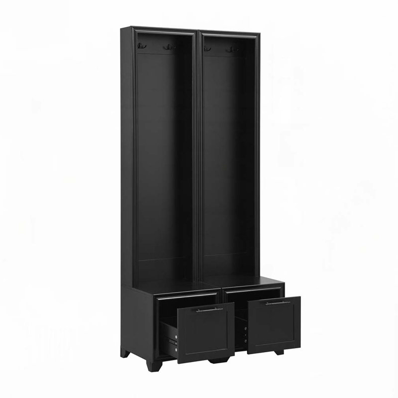 Hall Tree Coat Rack with Retro Handles, Seating Bench with Storage Drawers, Black