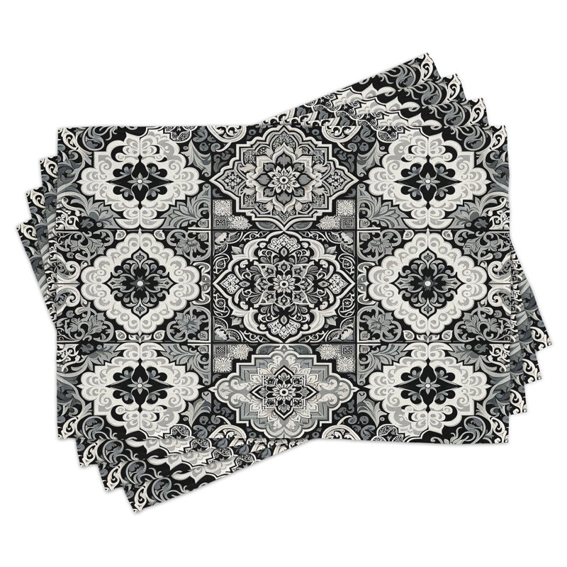 Off White and Dimgray Polyester Moroccan Print Rectangle Placemats Set of 4