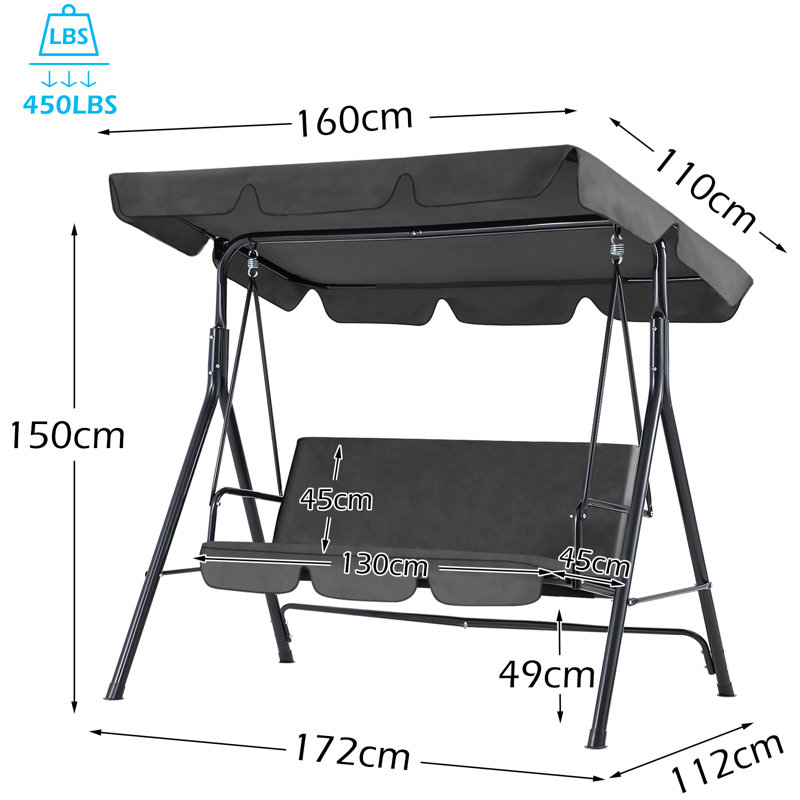 3 Person Porch Swing with Canopy, Grey