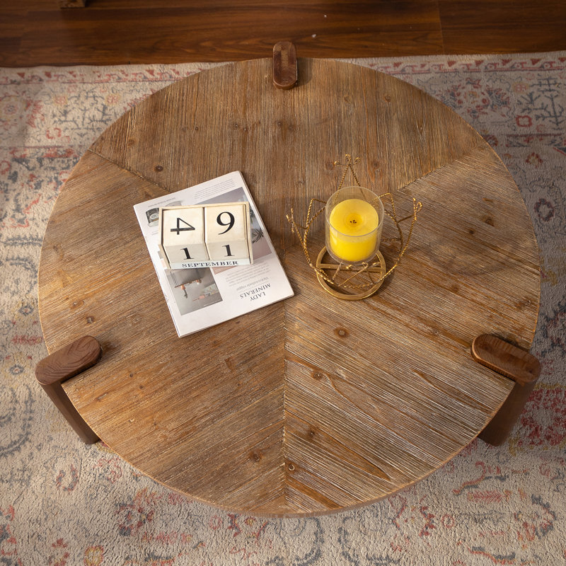Table basse ronde à chevrons, bois massif naturel et table rustique en MDF avec pieds fuselés, finition patinée pour le salon