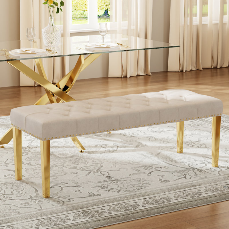 Banc de salle à manger rembourré 44,8 po Mid-Century, Beige, Doré
