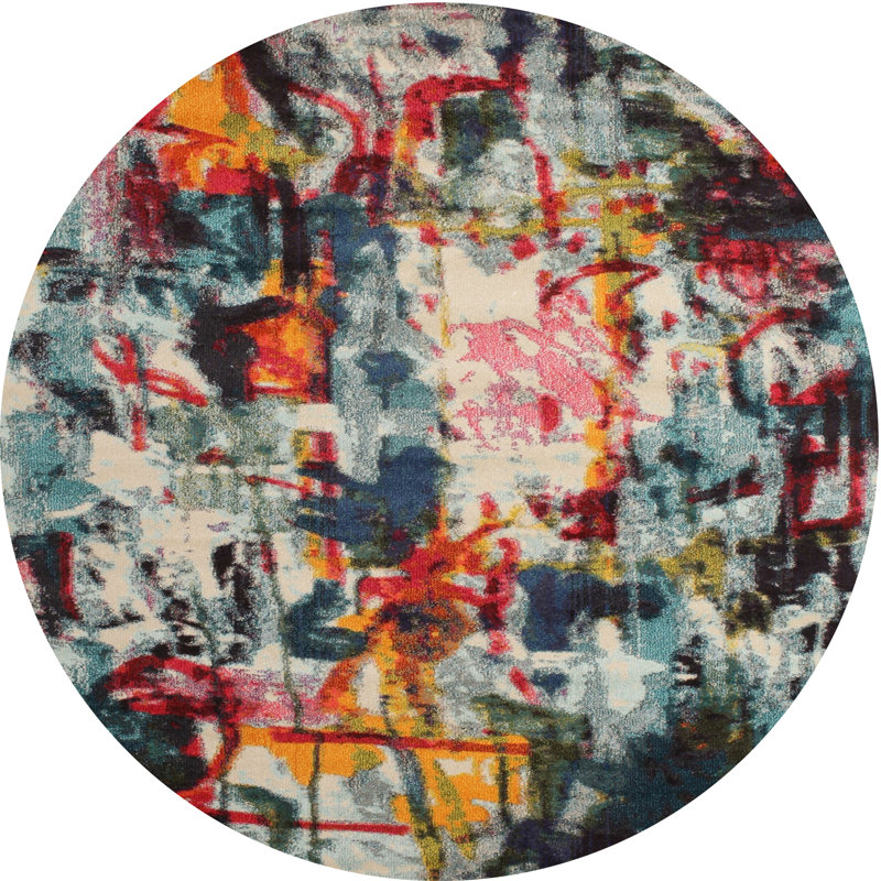 Tapis bleu/rose/jaune contemporain, Rond 7 pi