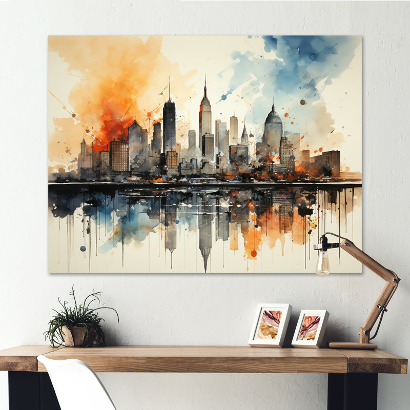 Aquarelle colorée de paysage urbain coloré de New York II - New York, H 34 po x l 44 po x P 1,5 po, Toile tendue