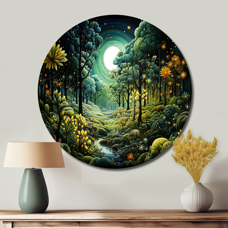 Forêt, forêt enchantée, pointillisme II - paysages, art rond en métal, H 36 po x l 36 po x P 1 po