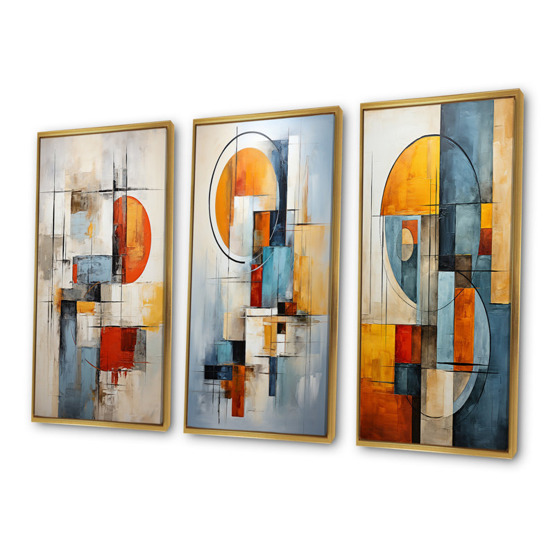 Ensemble de 4 décorations cubiques orange et bleues Cubism, Cadre flottant doré, H 40 po x l 60 po
