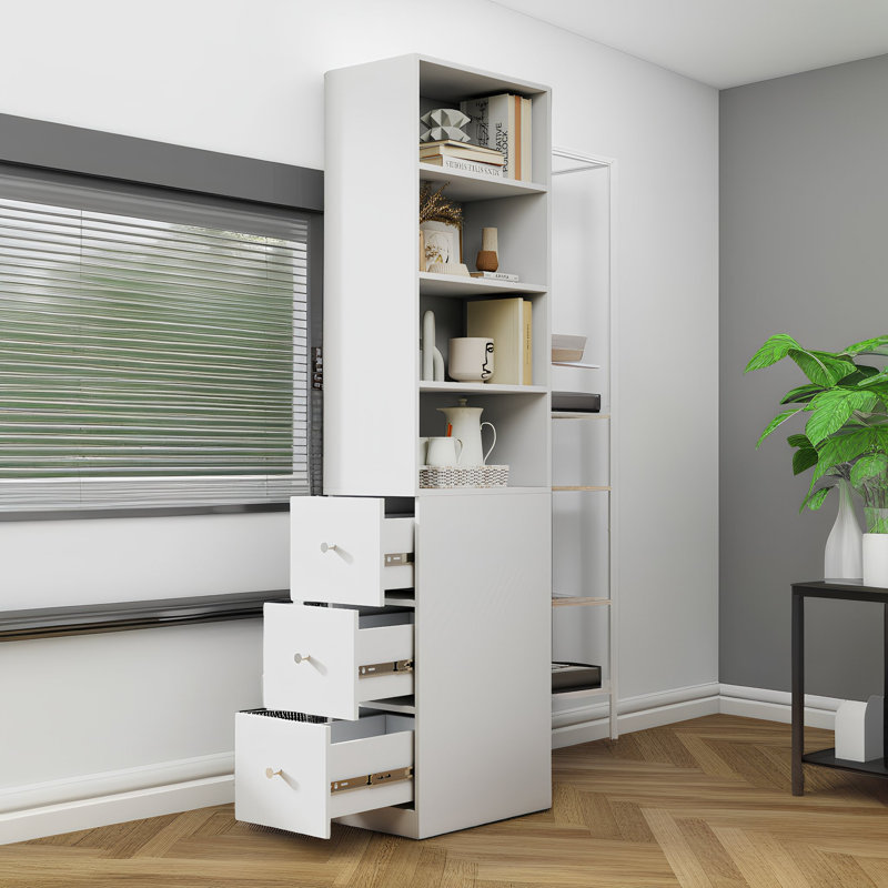 Vitrine de rangement autoportante avec tiroirs latéraux et tablettes à 4 niveaux, Blanc
