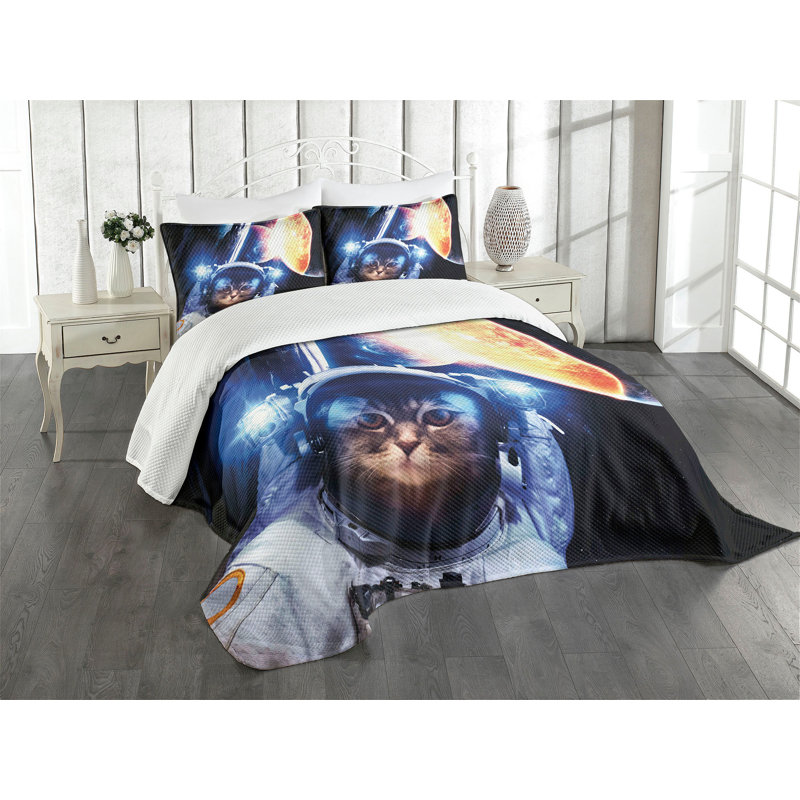Ambesonne Space Cat Bedspread Set 3 Pcs Supernova Eclipse King Dark Blue Orange