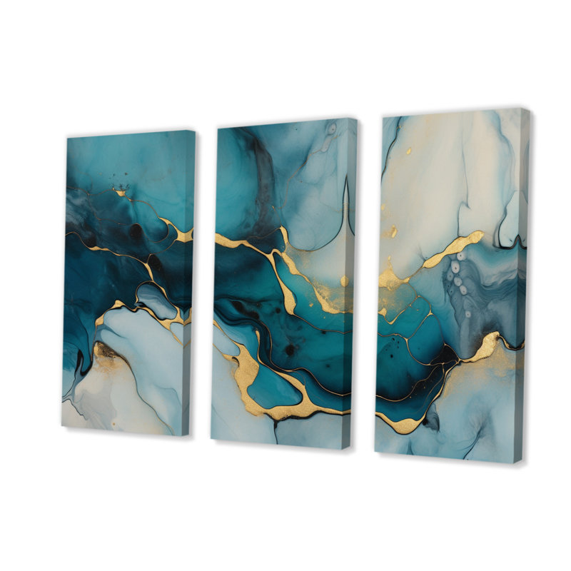 Turquoise doré infusé marbre IV sur toile, 3 pièces, H 28 po x l 36 po x P 1 po