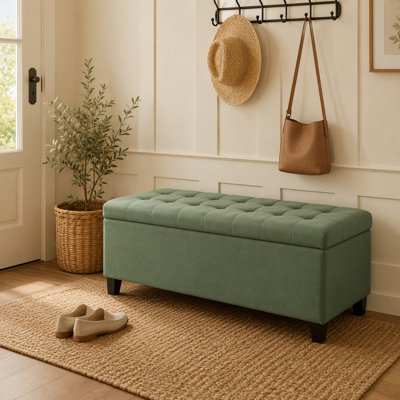 51" Upholstered Storage Ottoman Bench with Flip-Top Lid, Fabric Entryway Bench, End of Bed Bench with Rubber Wood Legs for Bedroom & Living Room