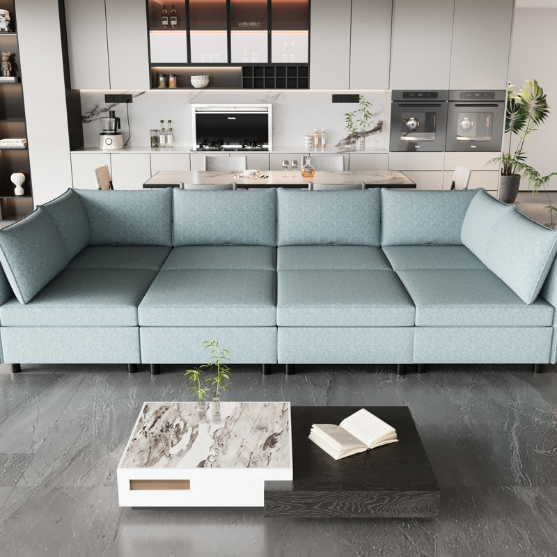 Canapé-lit modulaire avec espace de rangement, chenille, bleu antique, 8, 129 po Profondeur, 124 po Large, 32 po Hauteur, tissu chenille, 8 sièges, profondeur 126,49 po, largeur 123,02 po, hauteur 31,93 po