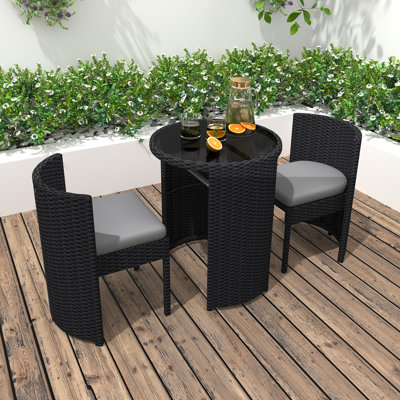 Raakel Space-Saving 2-Person Outdoor Bistro Set with PE Wicker Chairs & Tempered Glass Table – Ideal for Balcony, Deck, or Small Patios