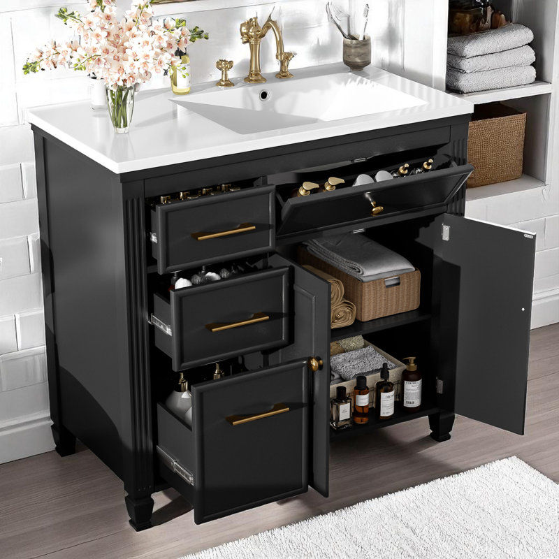 Ensemble de meuble-lavabo simple 36 po avec plateau en céramique 36 po, Noir