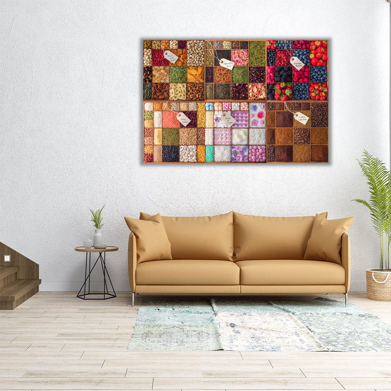 Collage of Food Ingredients in Wooden Boxes - reproduction d'art sur toile, H 20 po x l 30 po
